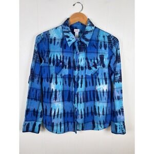 Y2K Justice Girls Size 20 Blue Tie Dye‎ Plaid Cotton Button Down Shirt Western